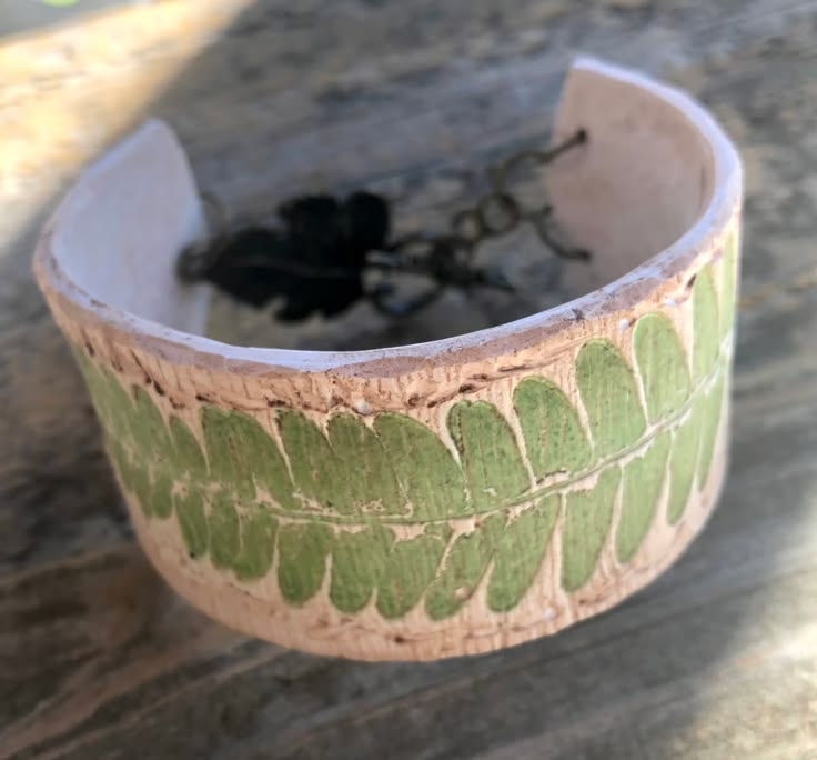 Polymer clay cuff bracelet with realistic fern image, decora