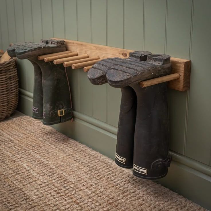 Wall mounted reclaimed timber welly rack/shoe rack/boot rack