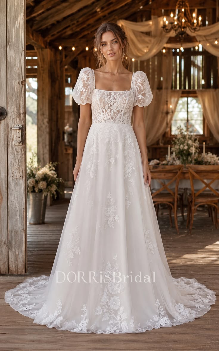 Boho A-Line Wedding Dress Short Sleeve Square Neck Tulle Lac