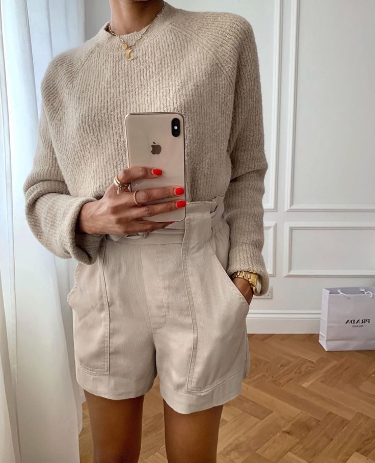 Monochrome Beige Spring Style - Paper Bag Shorts, Cashmere S