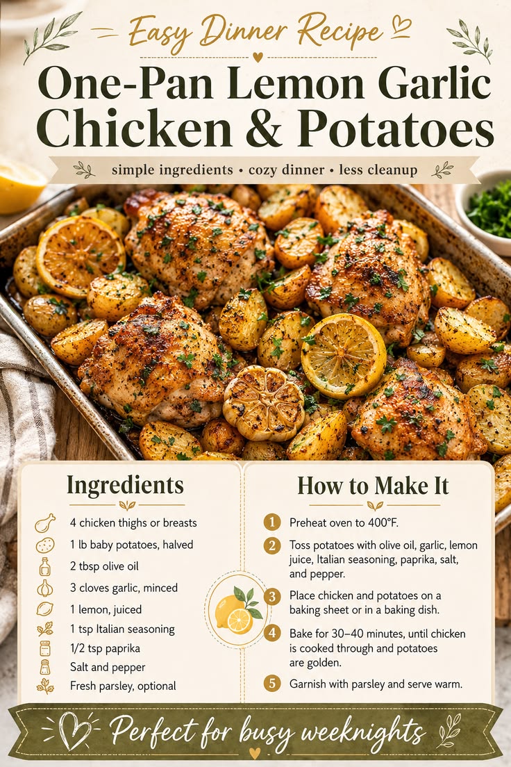 This one-pan lemon garlic chicken and potatoes recipe is an 