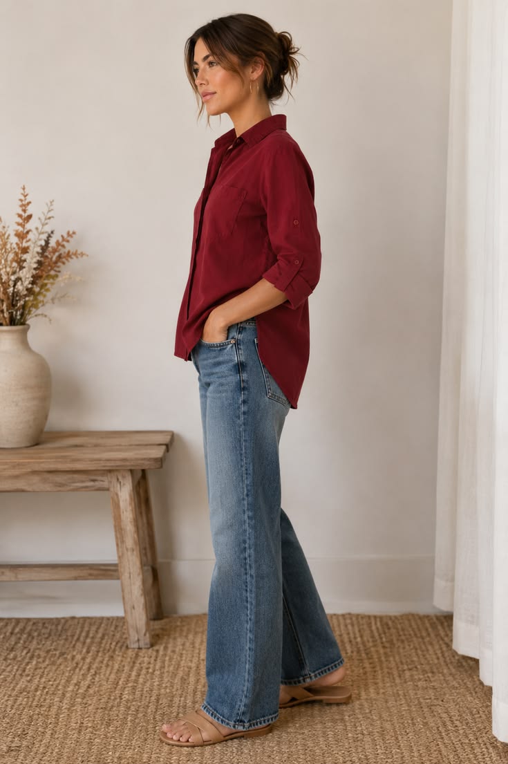 Split Back Button Down Top in Deep Crimson A customer favori