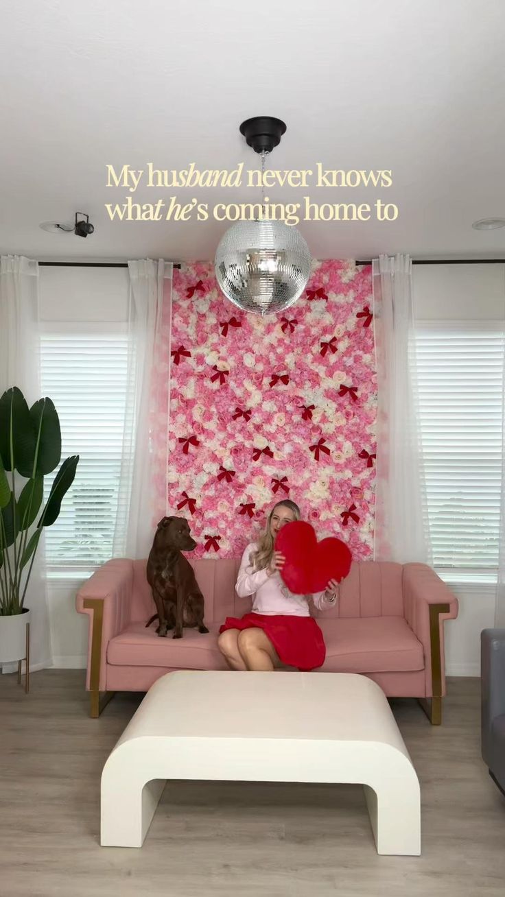 Galentine’s Day decor glow up 💕 pink sofa, flower wall with 
