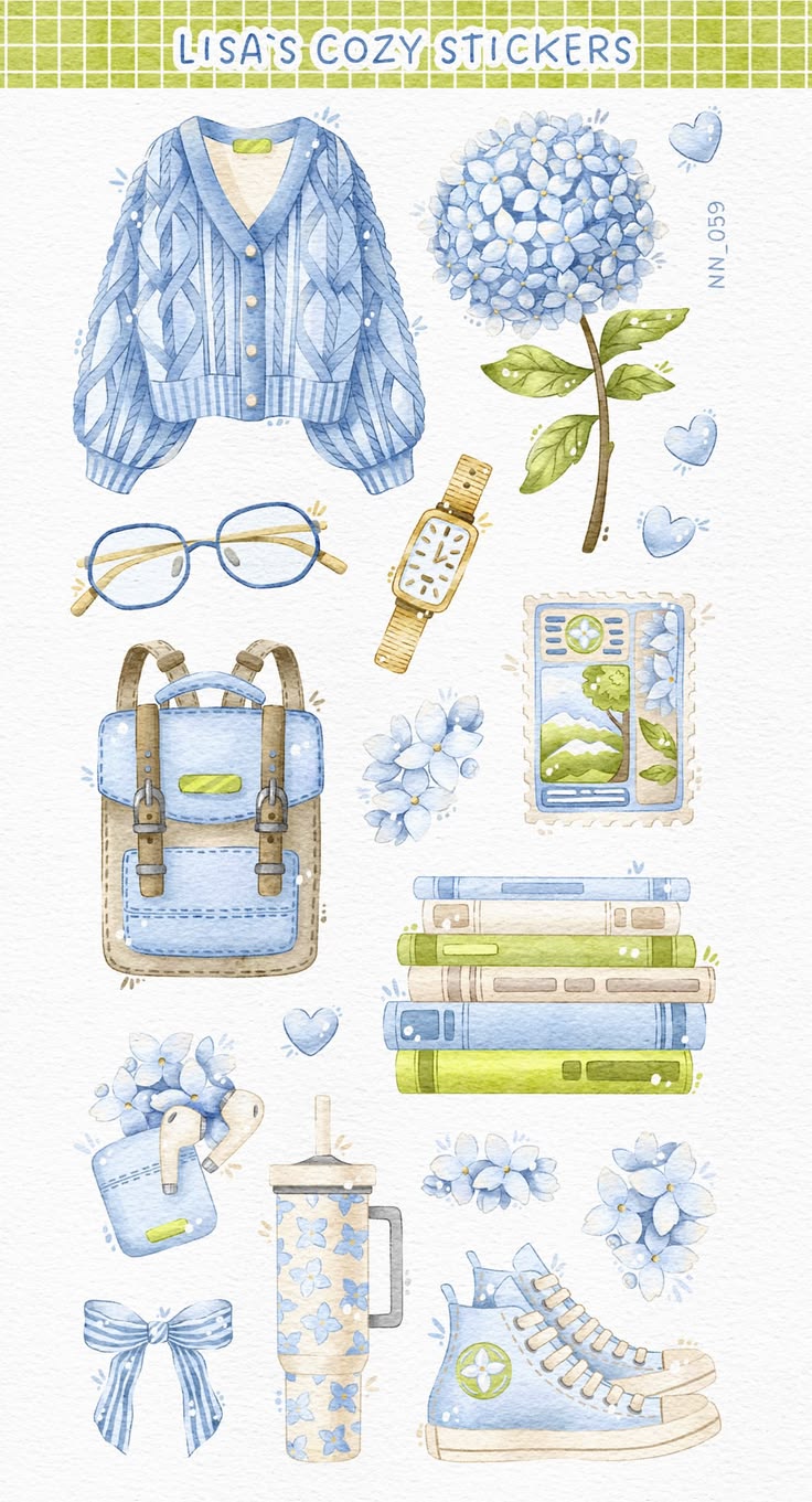 Sticker journaling | A set of stickers in soft blue tones.