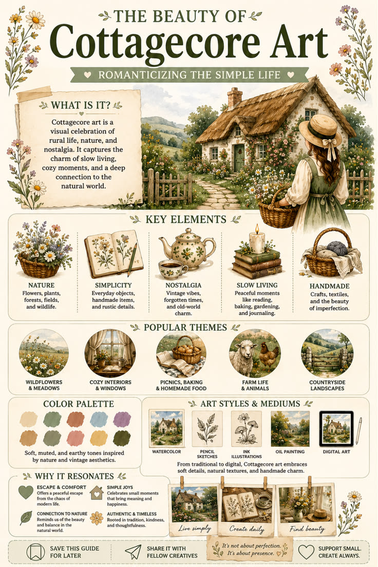 Cottagecore art is a celebration of simple living, nature, n