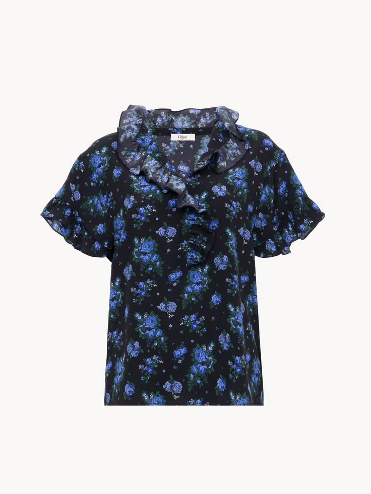 Short-sleeve ruffled top in crêpe de chine Blue