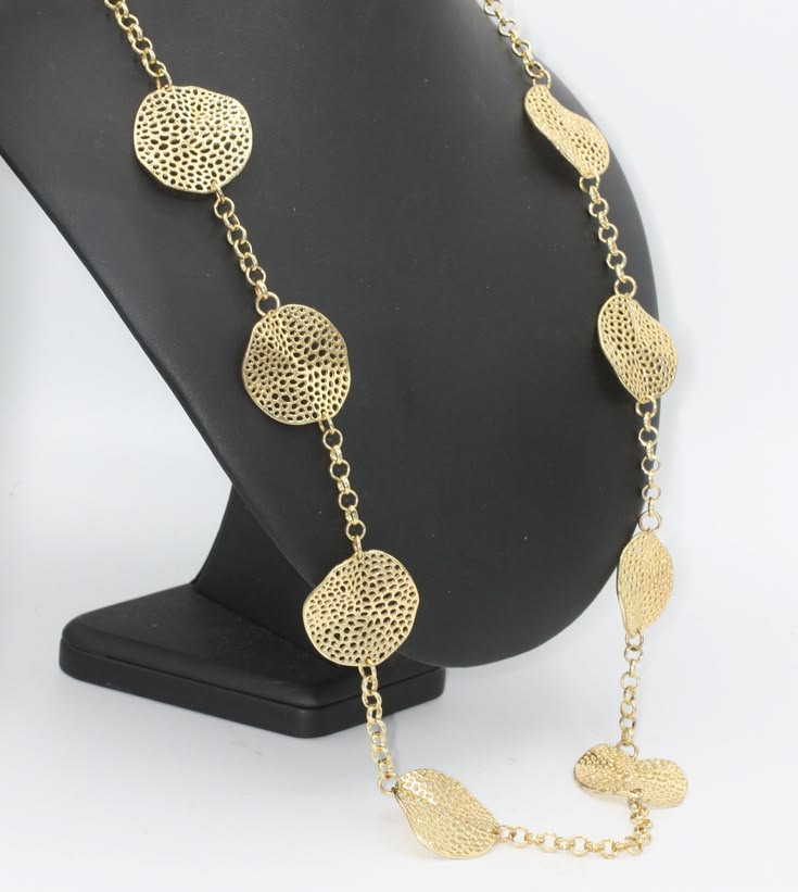 Gold Tone Disc Station Necklace: Dimensional, 35.5 Inch Long