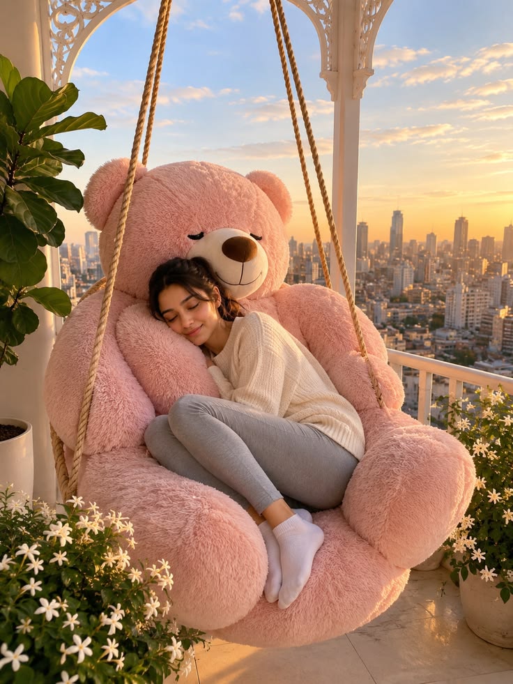 Turn your balcony into a cozy escape with a giant pink teddy