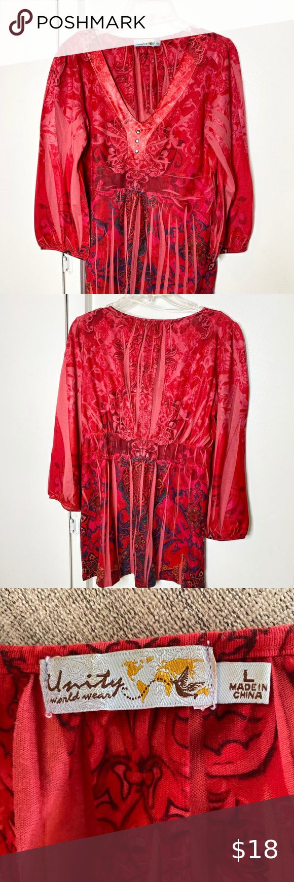 Unity world wear Red Print Knit Tunic Top L Unity world wear