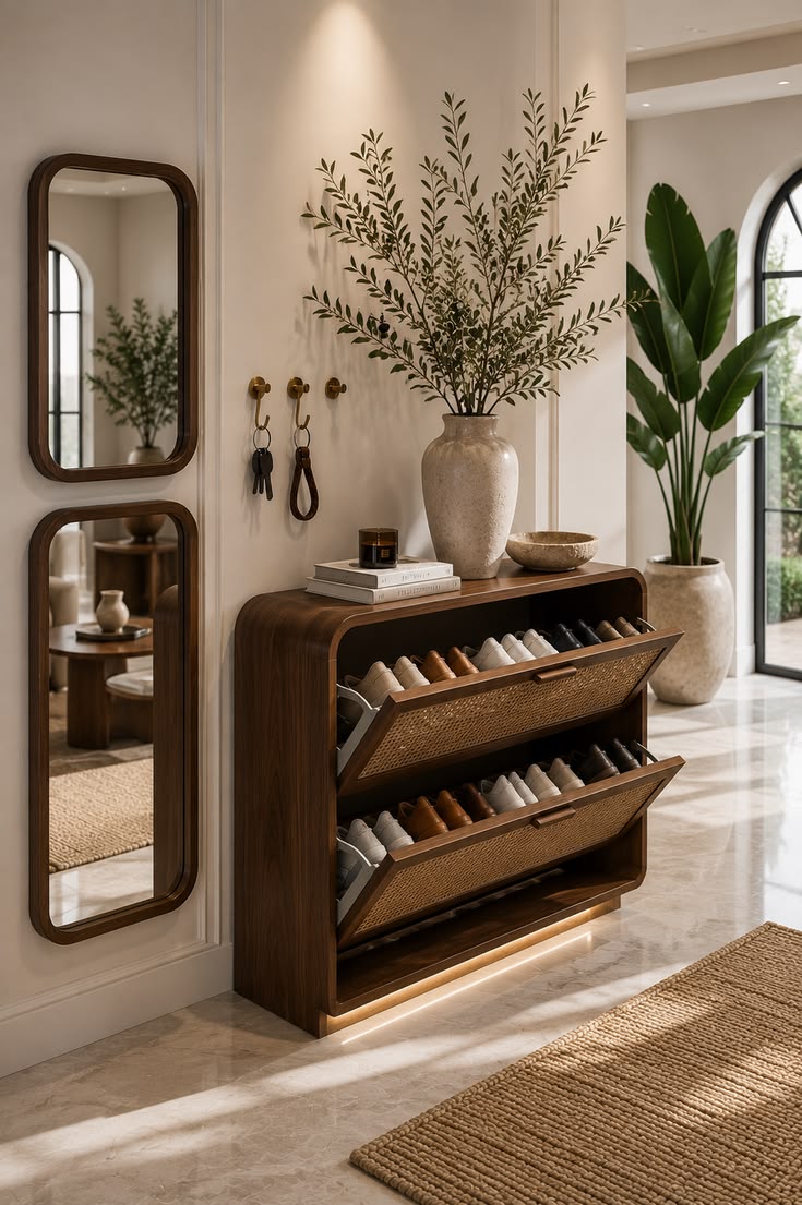 Elevate your entryway with a stylish mirror, greenery, and a