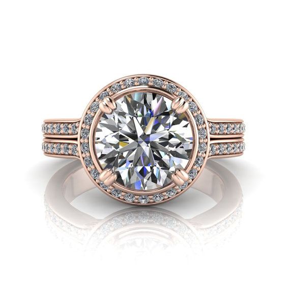 Rose Gold Diamond Halo 8 mm Moissanite Engagement Ring - Sun
