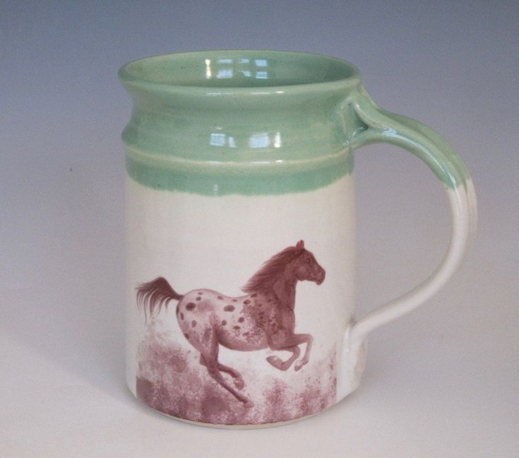 Individually Hand-thrown white stoneware mug with horse imag