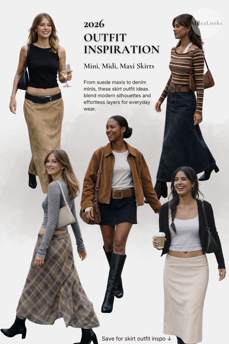 From suede maxis to denim minis, these skirt outfit ideas bl