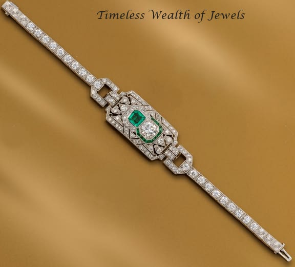 An art deco emerald and diamond bracelet, set with a central