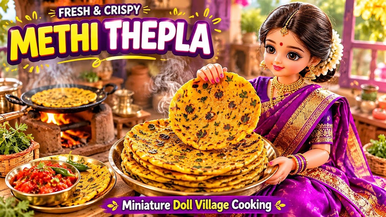Miniature Doll Wife Makes Crispy Methi Thepla Tiny Village Cooking ASMR