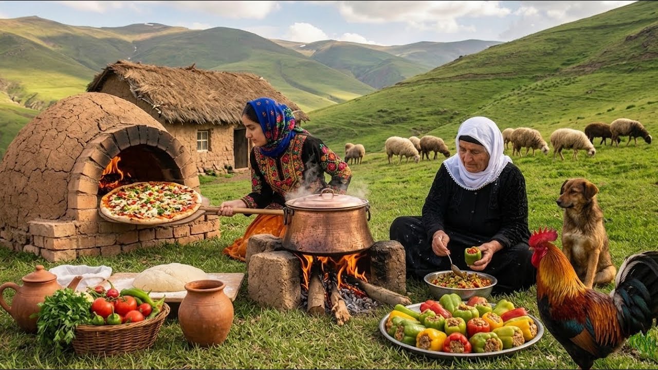 Iran Rural Village Life | Cooking Loobia Polo, Biber Dolma & Giant Pizza