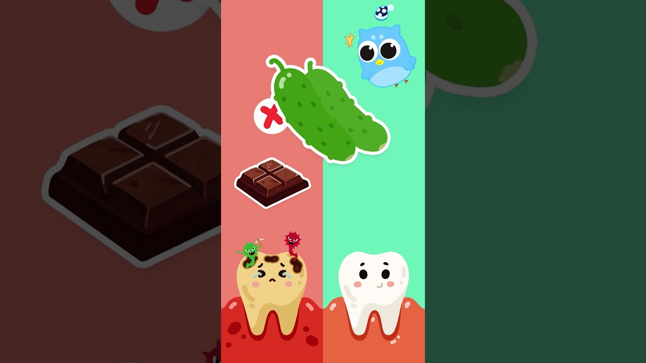 🦷 Good or Bad for Teeth | Chocolate Vs Cucumber #kidslearning #fruits #alphabet #englishlearning