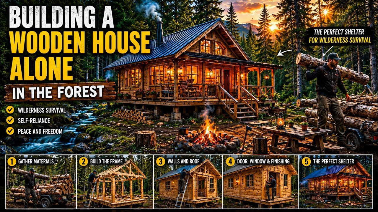 Building AWooden House Alone InThe Forest ThePerfect ShelterFor Wilderness Survival @Campingskill94 