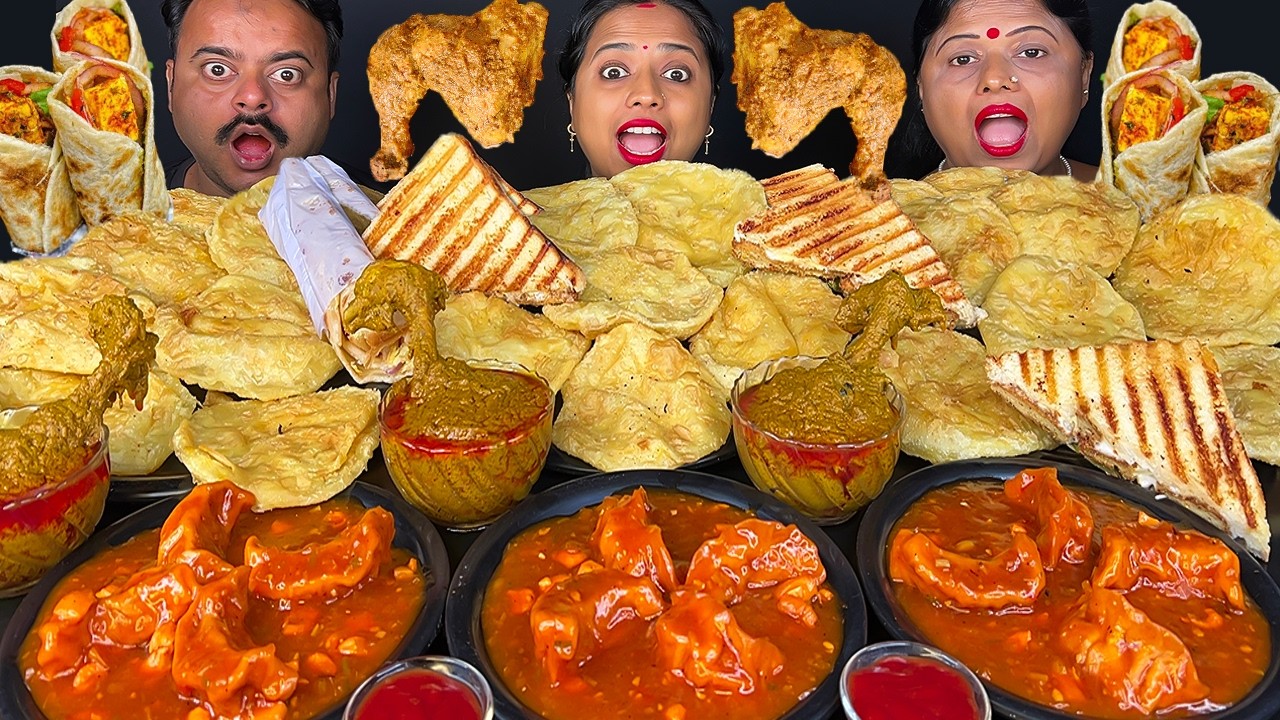 SPICY MOMO, CHICKEN CHAAP, PURI, CHICKEN SANDWICH, EGG ROLL EATING CHALLENGE VIRAL MUKBANG