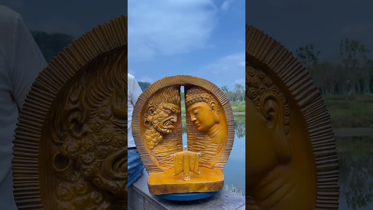 ​Conquering the Mind: Buddha & Mara 🧘‍♂️👹 #statue#buddha #woodworking#wood statue #standing buddha