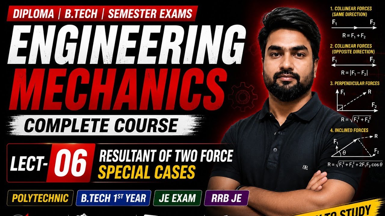 Engineering Mechanics Lecture 6 | Resultant of Two Forces Special Cases | Poly. B.Tech | JE & RRB JE