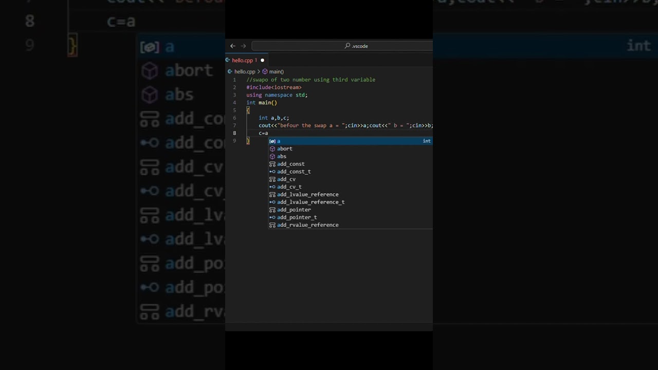 swap of two number using third variable in cpp #c #cpp #coding #programming #shorts #maths #vscode