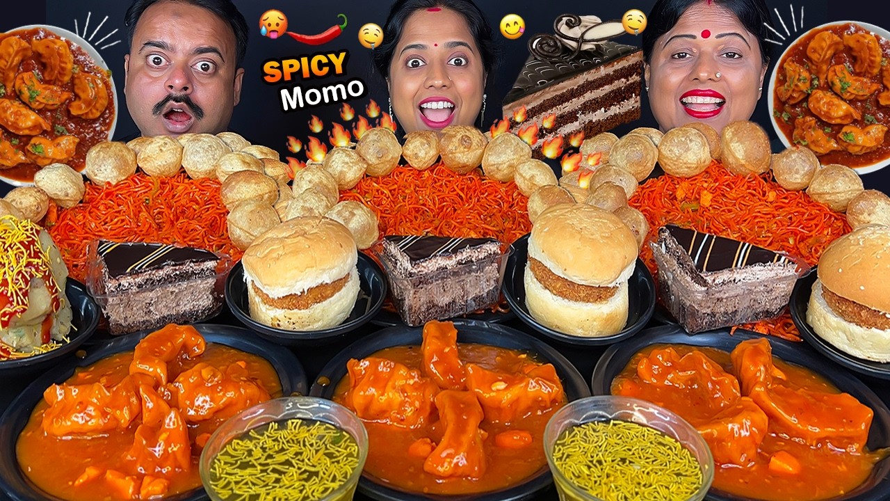 SPICY MOMO, BURGER, PANI PURI, SCHEZWAN NOODLES, LOLLIPOP, PASTRY VIRAL EATING SHOW MUKBANG
