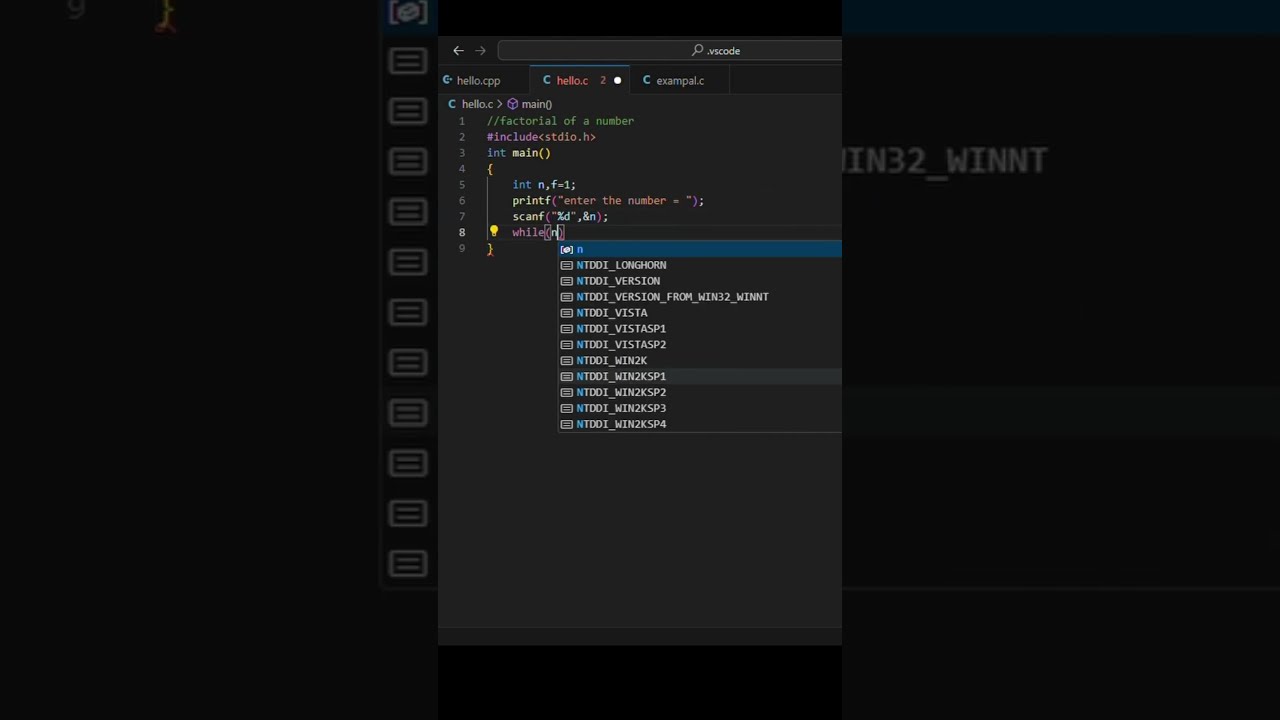 factorial of a number in c program #CProgramming #FactorialInC #learnc #CPrograms #c #code #vscode