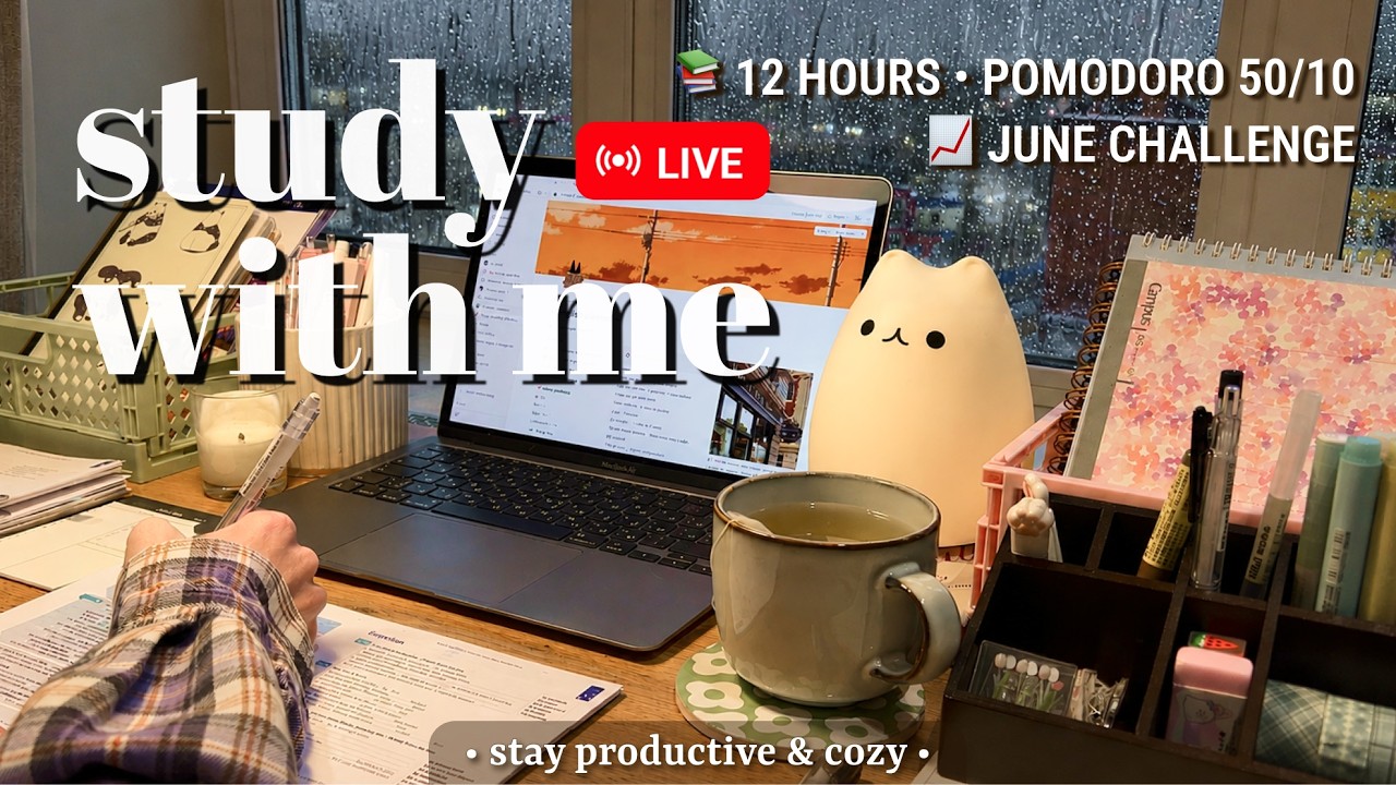 Challenge | 12 HOURS • Study With Me 🌧️ Rainy Cosiness for Focus | Pomodoro 50/10