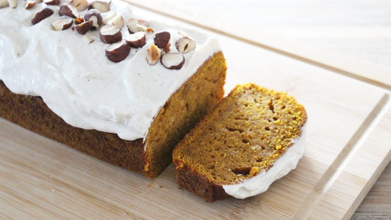 Pumpkin pie loaf with creamy vanilla frosting