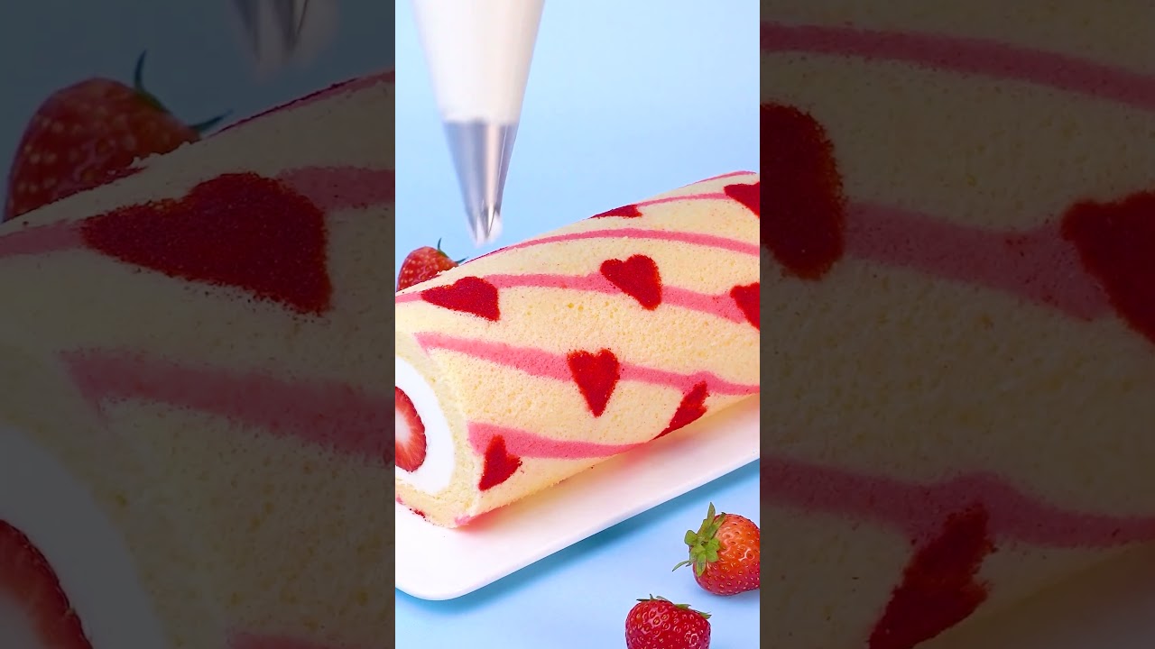 Heart Strawberry Roll Cake ❤️🍰  Easy Swiss Roll Recipe #shorts #baking #diycake