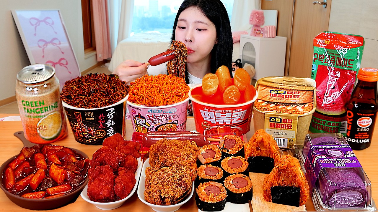 ASMR MUKBANG| 편의점 직접 만든 불닭 떡볶이 양념치킨 김밥 디저트 먹방 & 레시피 Convenience Store Food EATING