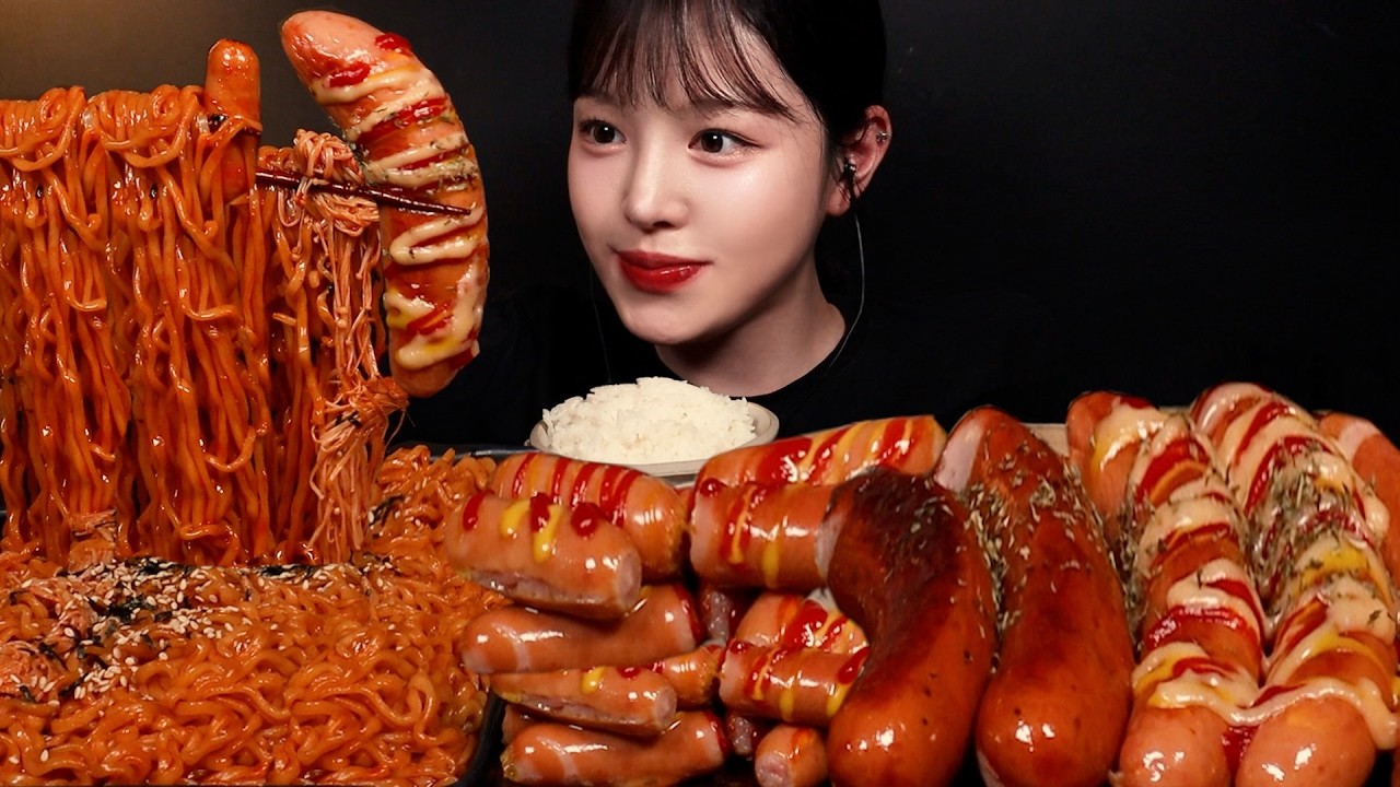 SUB)역대급 위기🔥팽이버섯 불닭볶음면에 대왕소세지 먹방! 촬영하다가 포기할 뻔..ㄷㄷ Sausages & Bukdak Ramyeon Mukbang Asmr