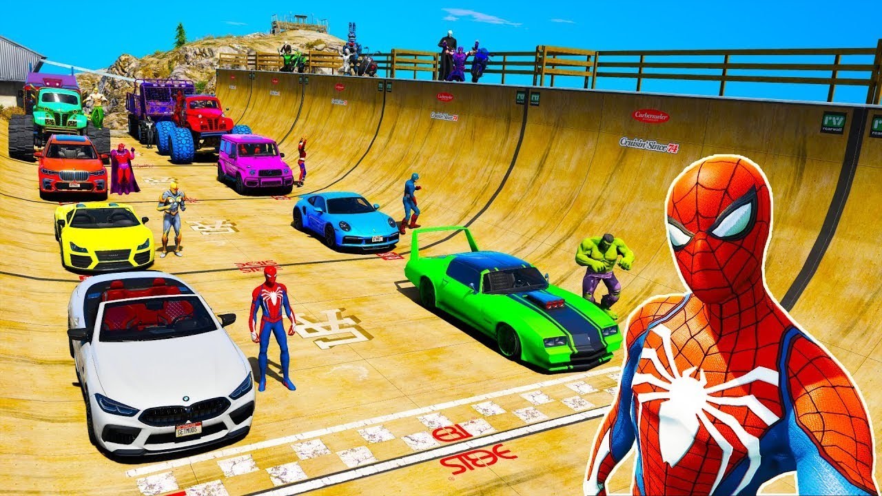 5 giant,car, Spider-Man, iron Man,  black panther,Rainbow, crossing 3D  Animation