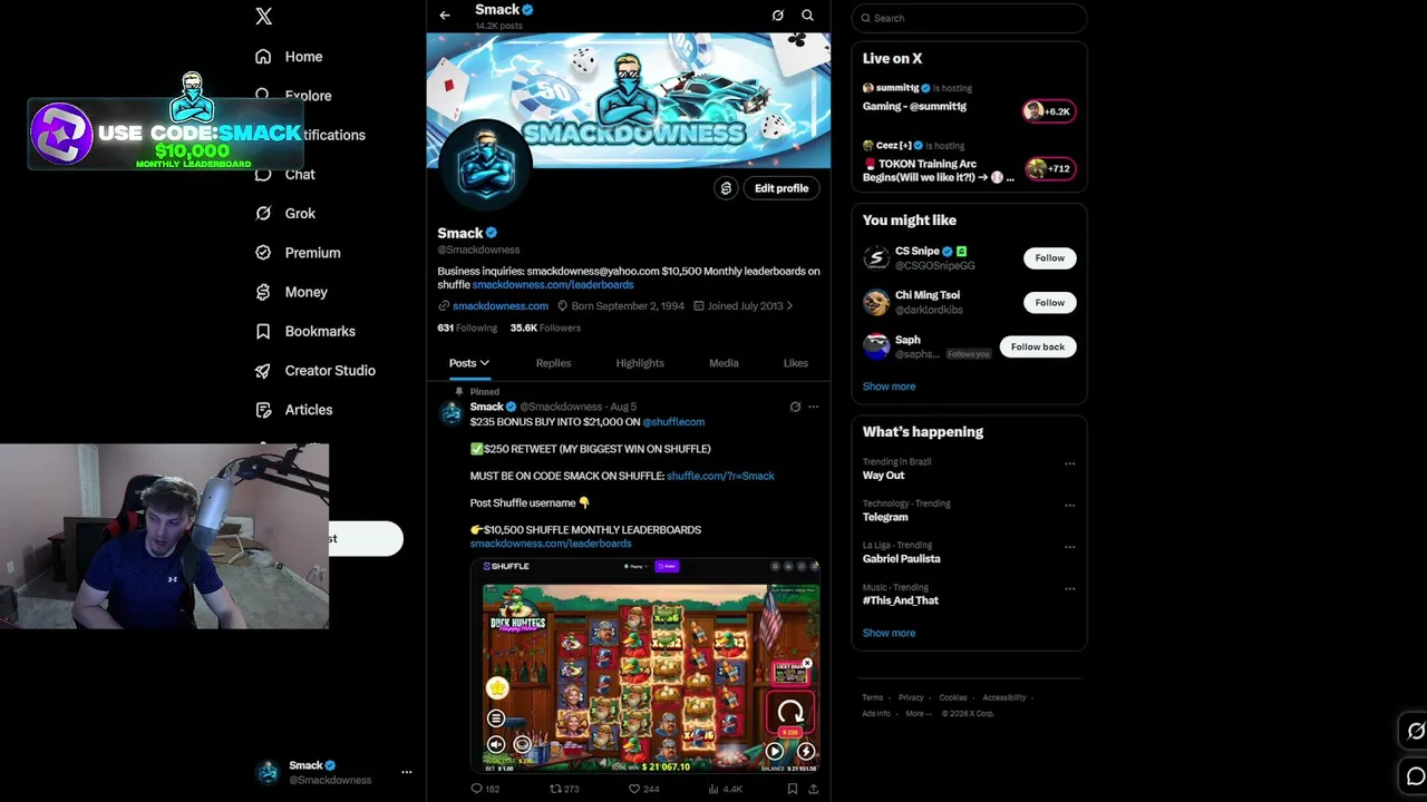 3K START Streaming from homeless shack room 10.5k Monthly Shuffle Leaderboards. Smackdowness.com $50-$100 stream givy