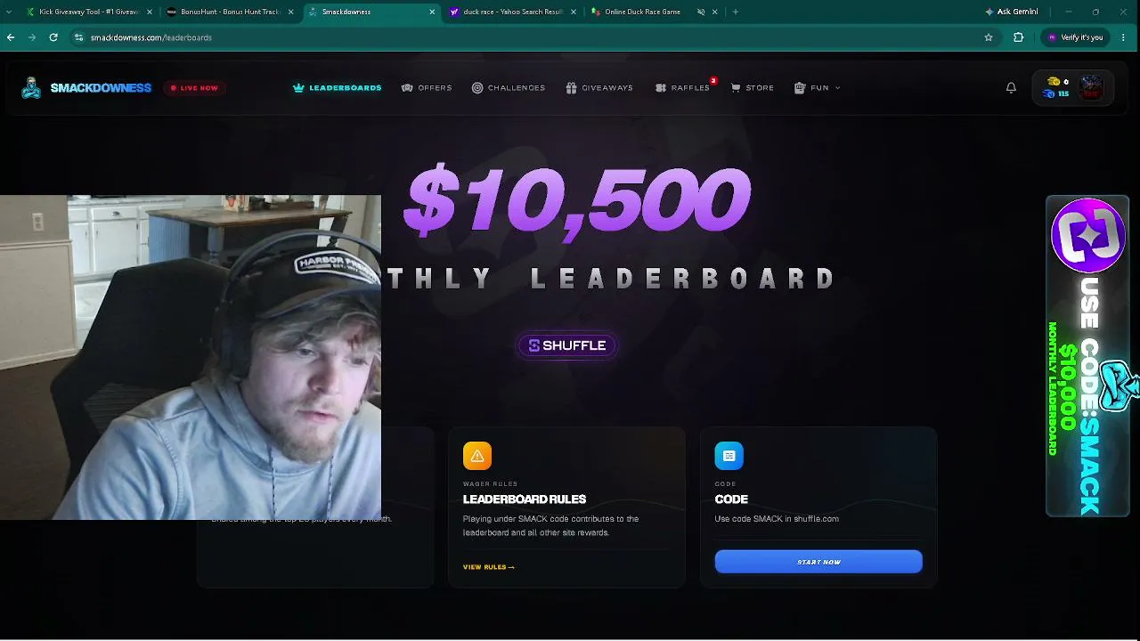 1k HUNT. 10.5k Monthly Shuffle Leaderboards. Smackdowness.com $50-$100 stream givy