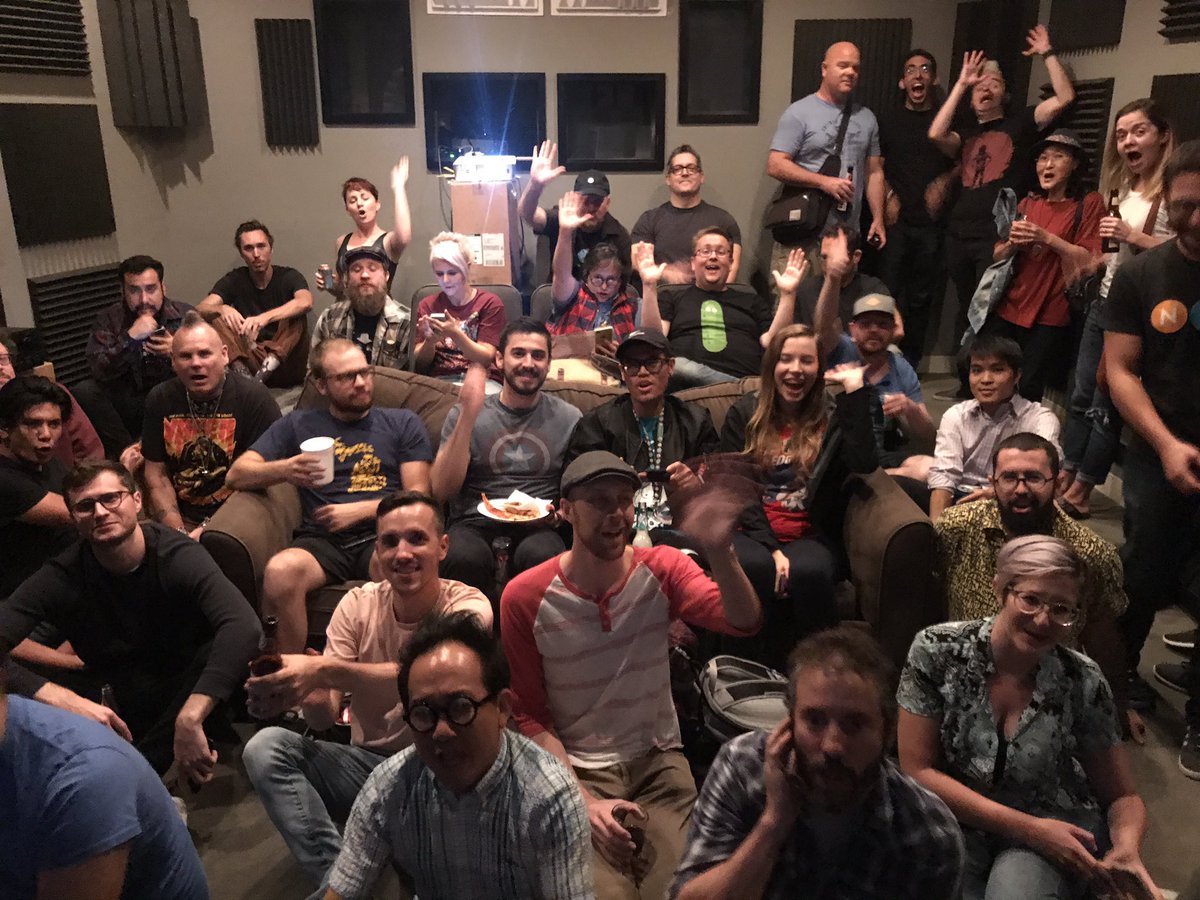 Rick and Morty crew watching S3 finale. Love these hard working bad asses!! 