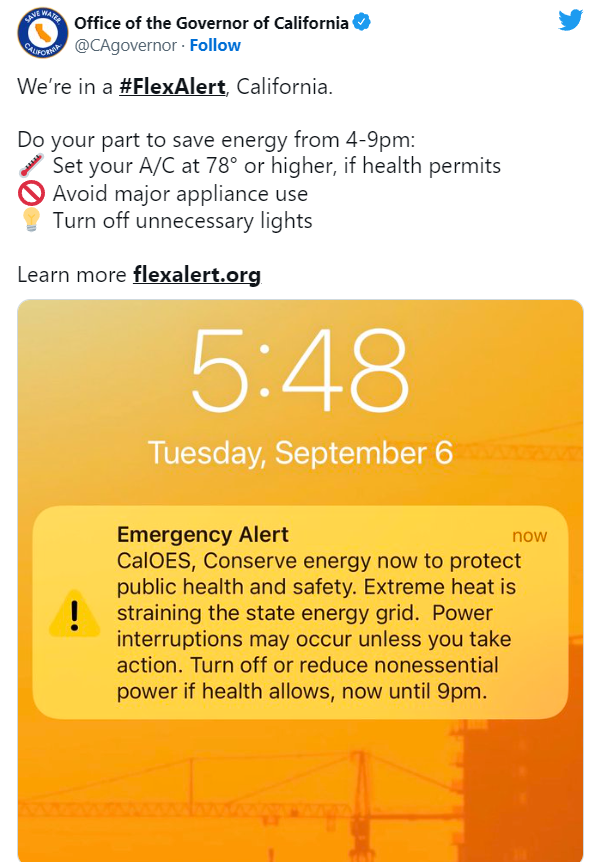 Wow, check out the timing of the text that California sent out to the public, and then the moment that electricity consumption in the state started to roll over.

https://t.co/Kgl9TwZGom 