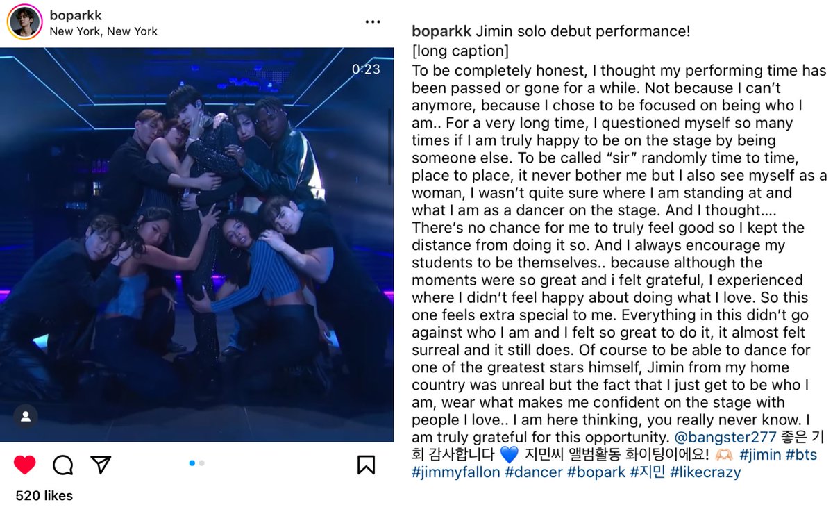 Bo Park, one of the dancers of Jimin’s “Like Crazy” performance shared a heartfelt message on Instagram. 💕

“Of course to be able to dance for one of the greatest stars himself, Jimin from my home country was unreal but the fact that I just get to be who I am, wear what makes me 