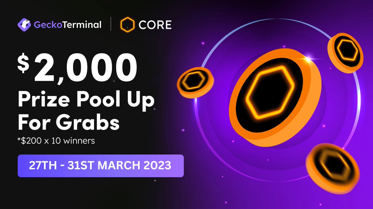 1/
In celebration of Core’s listing on #GeckoTerminal, CoreDAO is giving away USD 2,000 in prizes paid in $CORE! 🚀

To join:
1️⃣Follow @GeckoTerminal, @Coredao_Org
2️⃣Like &amp; RT
3️⃣Add your fav token to https://t.co/4JsMrfkspF Watchlist &amp; share a screenshot, #CORExGecko 👇 