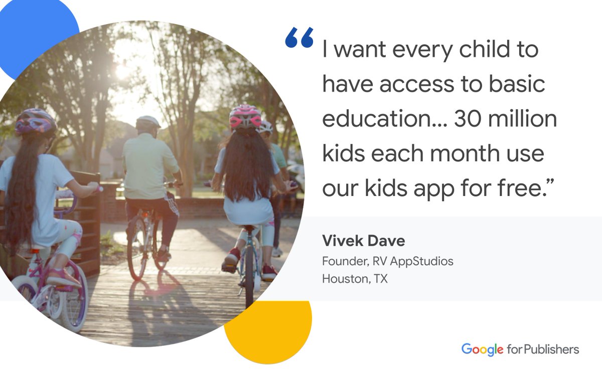 Proud to share RV AppStudios's story was featured on #GoogleforPublishers! We loved getting to share how the company was able to use ad revenue from our gaming apps to fund development and access to our 14 educational kids apps, reaching 30M kids each month. 
 
When we started 