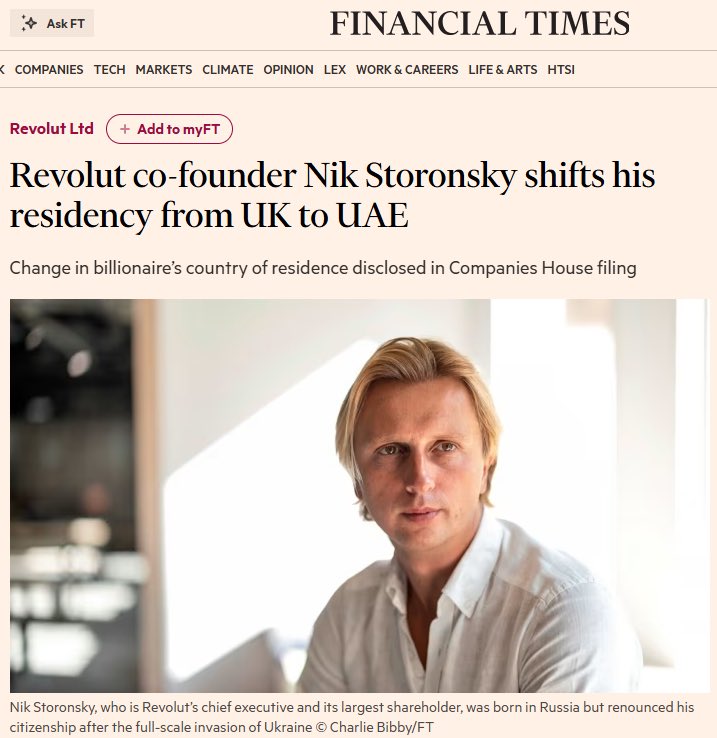 If I was Nik I would have absolutely made the same decision. 

18% holding of Revolut. 

Company will be worth $200BN without a doubt. 

$36BN position at that price. 

His cap gains bill alone would be $8BN-$10BN. 

Now in the UAE it will be $0. 

The Labour government has to 