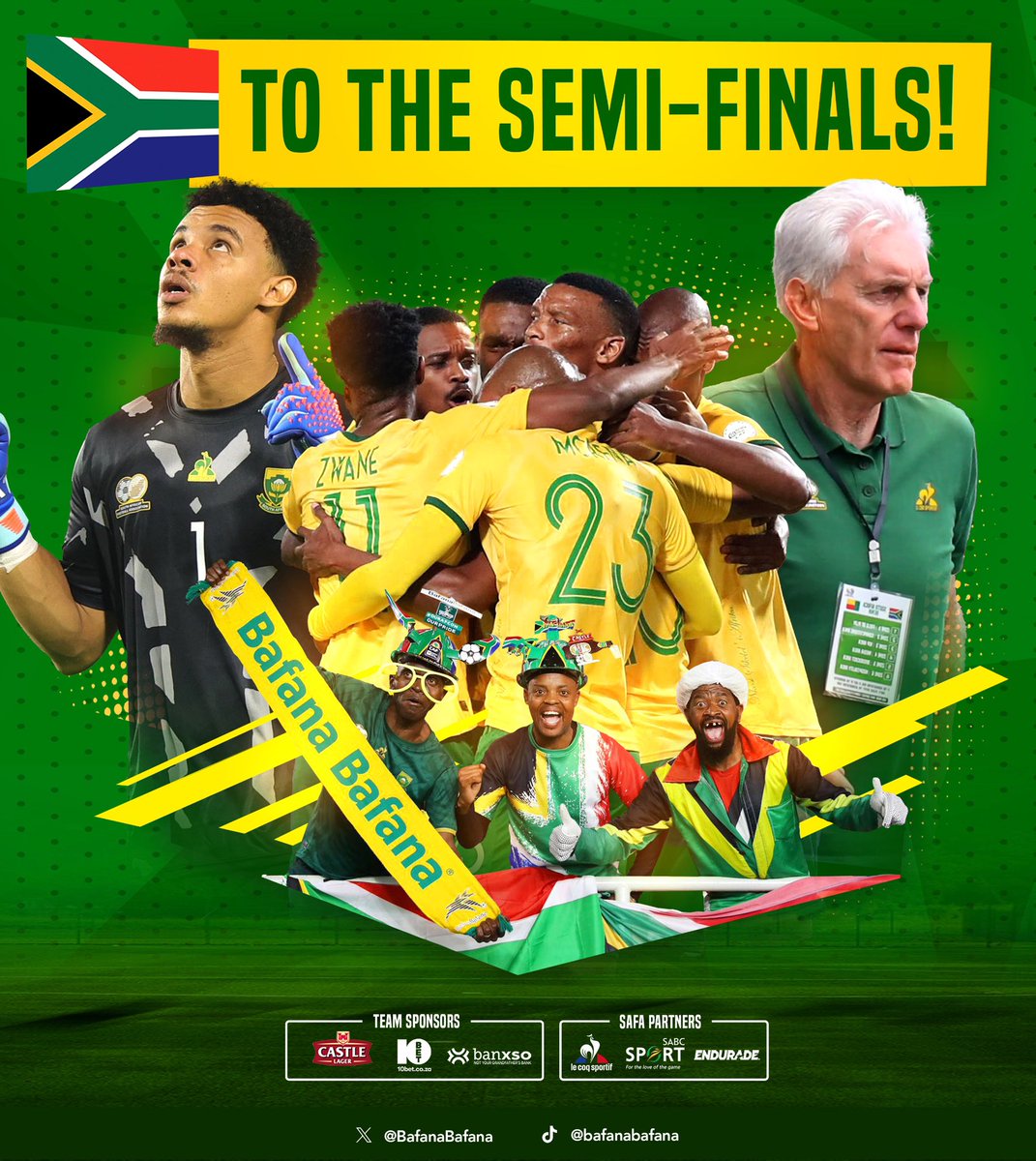 We are going to the Semi-finals 🇿🇦🔥!!!!!!! 

#AfCON2023 
#BafanaPride
#TotalEnergiesAFCON2023 