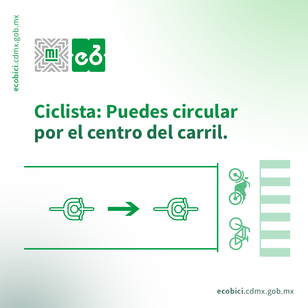 La manera más segura de circular por la calle es en medio del carril, porque, además de que te haces visible, tienes mayor capacidad de maniobra. 🚴🏼

#GuíaCiclista #ECOBICI #SeguridadVial 