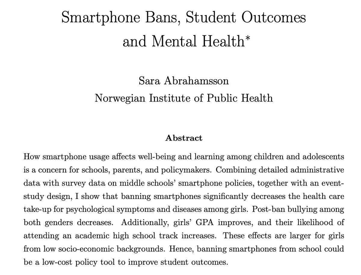 New paper from Norway: Banning smartphones in school

- significantly decreased doctors visits for psychological symptoms and diseases among girls
- reduced bullying among both genders
- improved girls’ GPA and attendance rates
- largest effect sizes were among the poorest kids 
