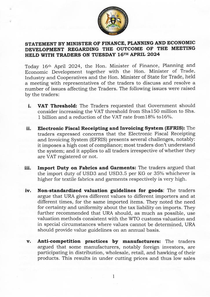 STATEMENT ON MEETING WITH TRADERS:
Following the meeting with Traders yesterday,Finance Minister @MatiaK5 has issued a statement giving assurance to the traders that @GovUganda is ready to resolve their concerns.

He appealed to the traders to open their shops and give @GovUganda 
