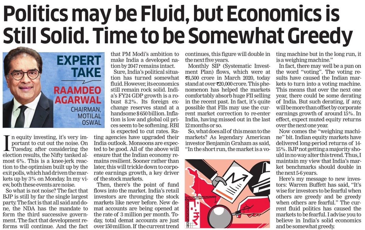 The current fluid politics has caused the markets to be fearful. Indian equity markets have delivered long-period returns of 14-15%. The political situation should in no way alter this trend. I maintain my view that India’s market benchmarks should double in the next 5-6 years. 