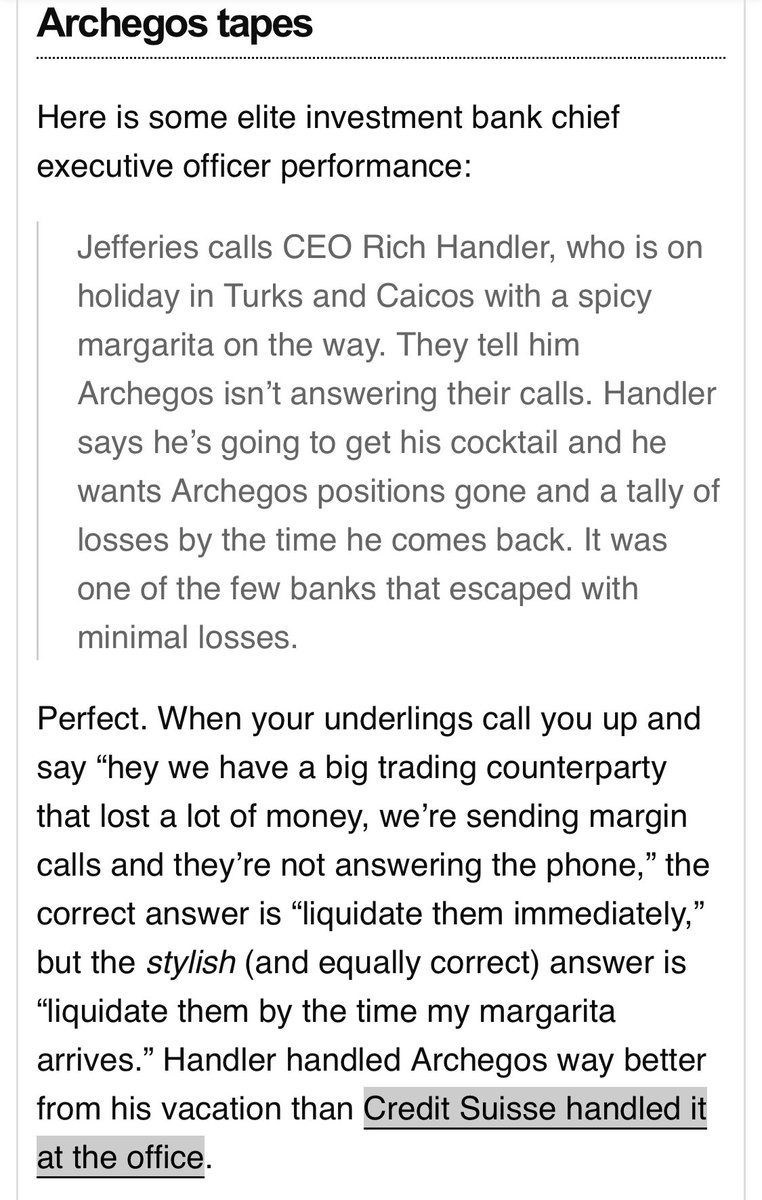 I like this anecdote of a CEO directing a particular “If you’re making this phone call we’ve already lost a shed load of money and the priority is not to lose more” decision, recounted by Matt Levine today. 