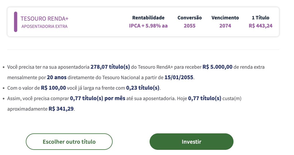 É isso mesmo que você está vendo. Guardando R$ 341,29 por mês, você terá uma aposentadoria de 20 anos, recebendo R$ 5.000 diretamente do Tesouro Nacional, corrigidos pela inflação.

Previdência privada? Não, Tesouro Renda+. Sem depender de banco algum pra fazer uma previdência. 