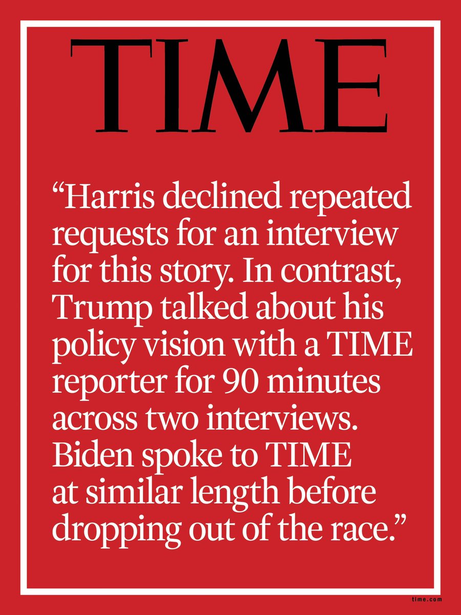 “Harris declined repeated requests for an interview for this story. In contrast, Trump talked about his policy vision with a TIME reporter for 90 minutes across two interviews. Biden spoke to TIME at similar length before dropping out of the race.” https://t.co/5wUbsStjep 